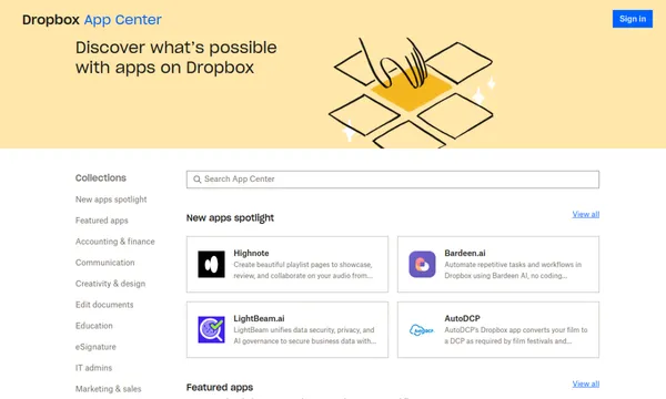 Screenshot of Dropbox App Centre