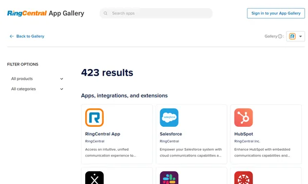Screenshot of RingCentral App Gallery