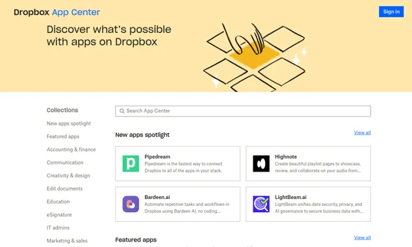 Screenshot of Dropbox App Centre