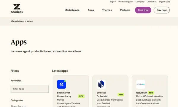 Screenshot of Zendesk Marketplace