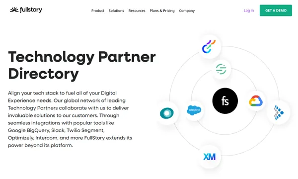 Screenshot of FullStory Technology Partner Directory