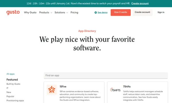 Screenshot of Gusto App Directory