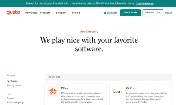 Screenshot of Gusto App Directory
