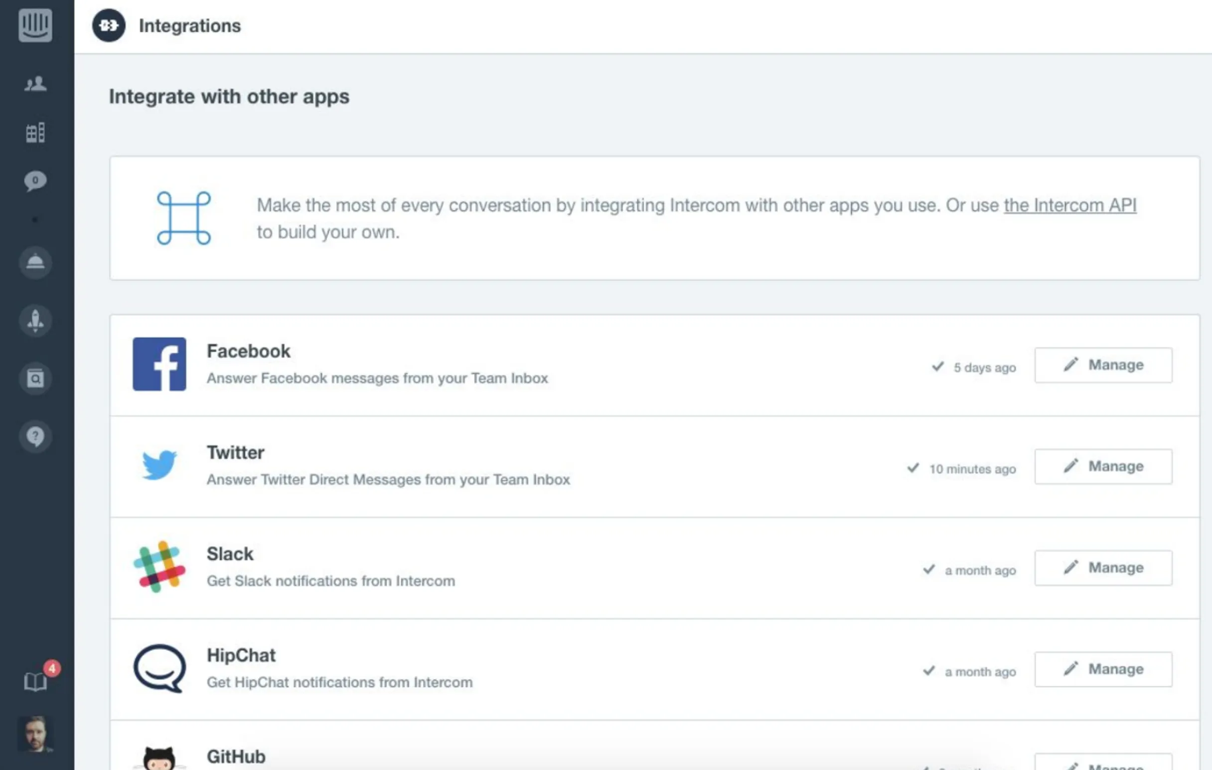 Screenshot of Intercom Integrations Hub