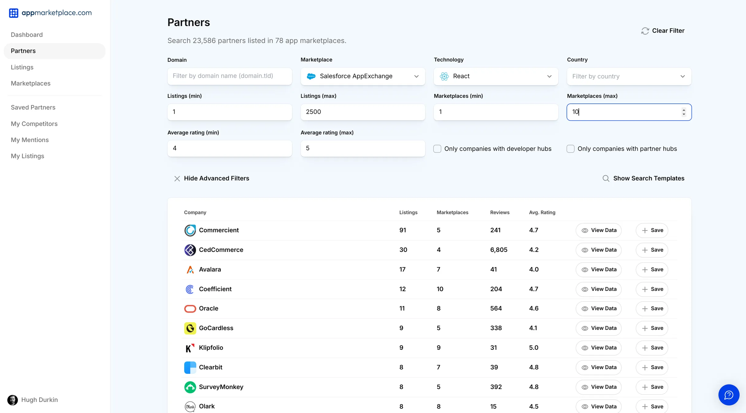 Screenshot of app marketplace insights